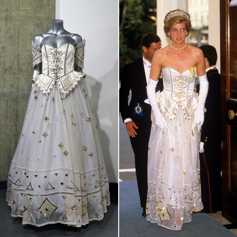 A 1986 Emanuel ball gown worn by late Princess Diana is displayed on a mannequin during an auction in London, Tuesday, Dec. 3, 2013. According to the auction house, Diana wore the gown with gold sequins, crystals and pearl beads comes with matching headband, optional sleeve panels and petticoat, in various occasions. (AP Photo/Lefteris Pitarakis)

Mandatory Credit: Photo by Today/REX USA (105461a)
PRINCESS DIANA
Richard Von Weizsacker state visit, banquet at the German Ambassador's residence, London, Britain - Jul 1986